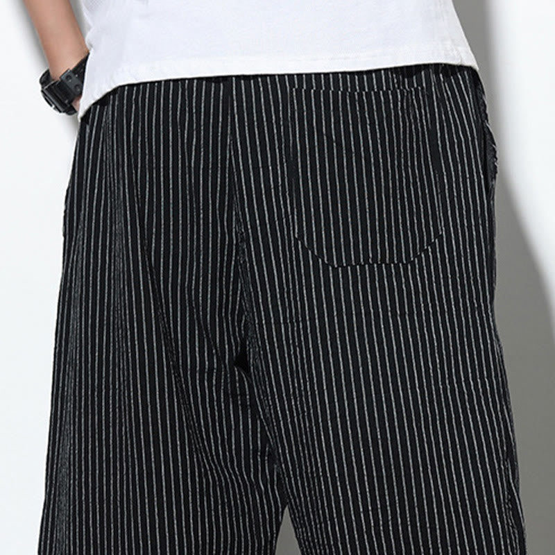 Pantalon Buddha Stones d'été à rayures et cordon de serrage en coton et lin pour homme, longueur 7-8, avec poches - image 19