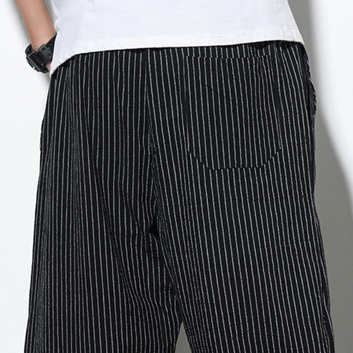 Pantalon Buddha Stones d'été à rayures et cordon de serrage en coton et lin pour homme, longueur 7-8, avec poches - image 19