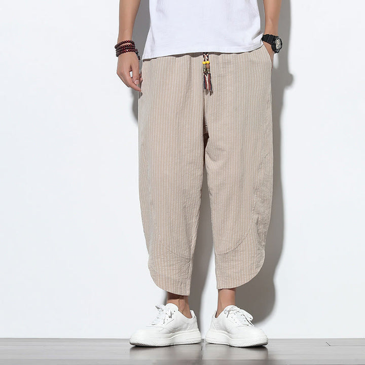 Pantalon Buddha Stones d'été à rayures et cordon de serrage en coton et lin pour homme, longueur 7-8, avec poches - image 7