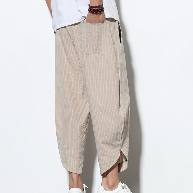 Pantalon Buddha Stones d'été à rayures et cordon de serrage en coton et lin pour homme, longueur 7-8, avec poches - image 8