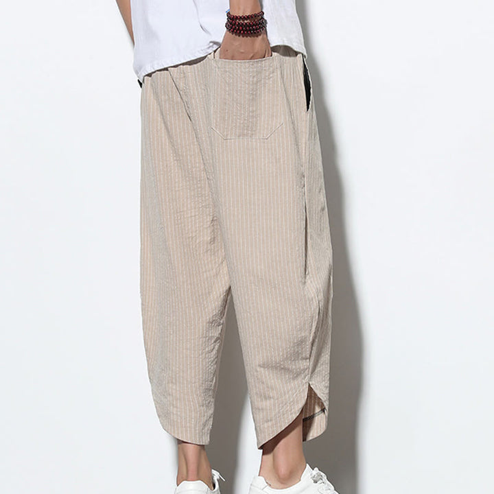 Pantalon Buddha Stones d'été à rayures et cordon de serrage en coton et lin pour homme, longueur 7-8, avec poches - image 8