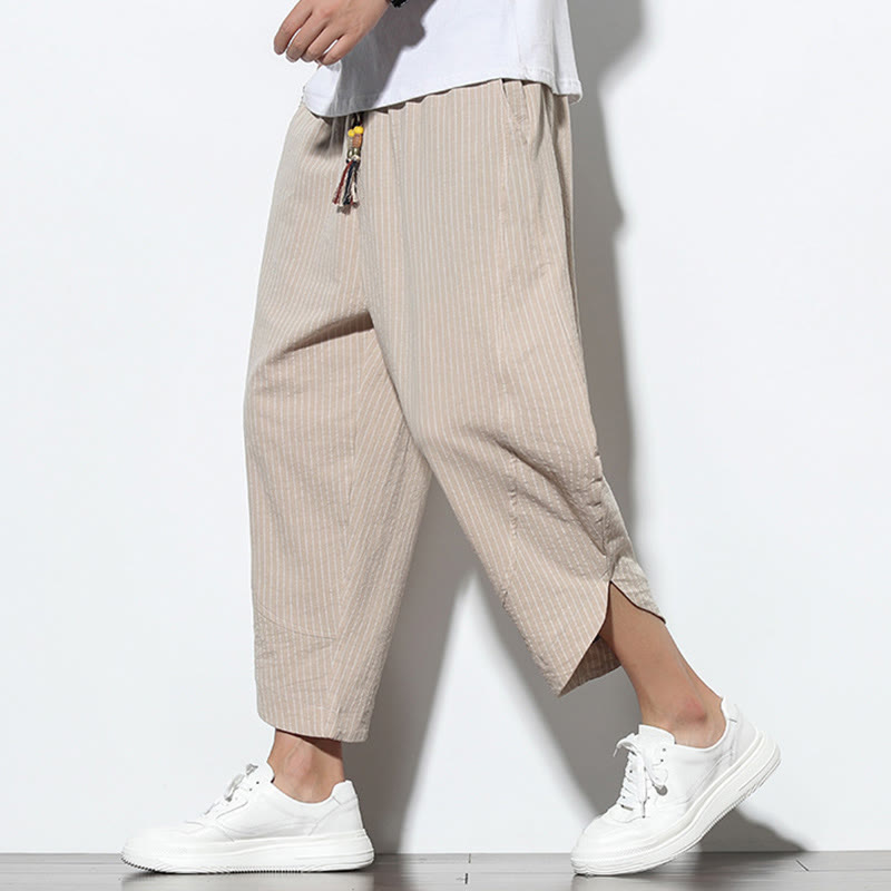 Pantalon Buddha Stones d'été à rayures et cordon de serrage en coton et lin pour homme, longueur 7-8, avec poches - image 3