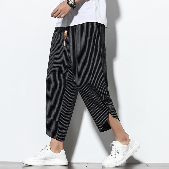 Pantalon Buddha Stones d'été à rayures et cordon de serrage en coton et lin pour homme, longueur 7-8, avec poches - Noir - US/UK/AU46，EU56 (5XL) - image 9