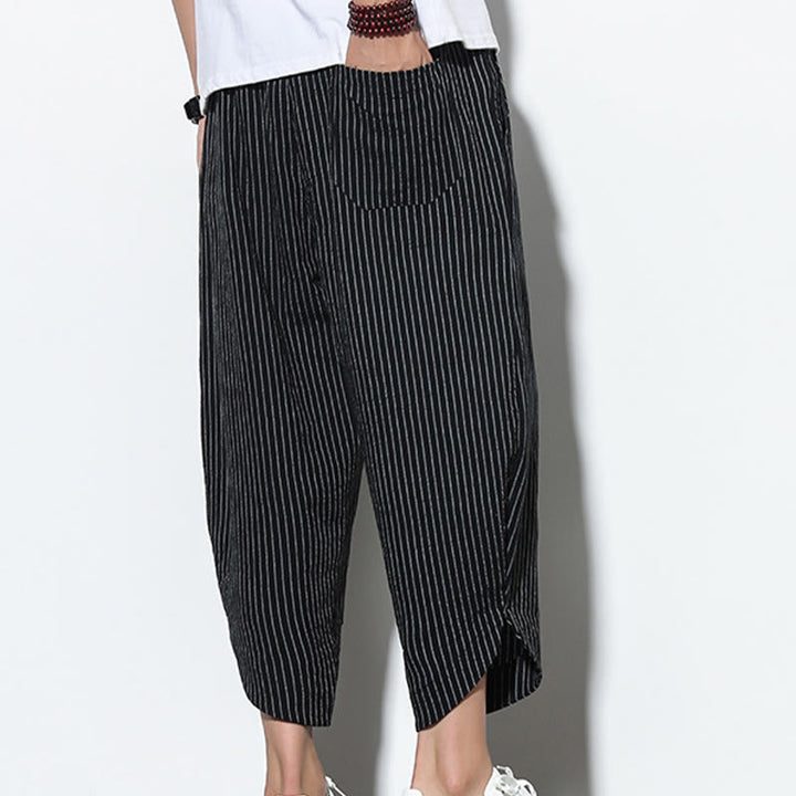 Pantalon Buddha Stones d'été à rayures et cordon de serrage en coton et lin pour homme, longueur 7-8, avec poches - image 14
