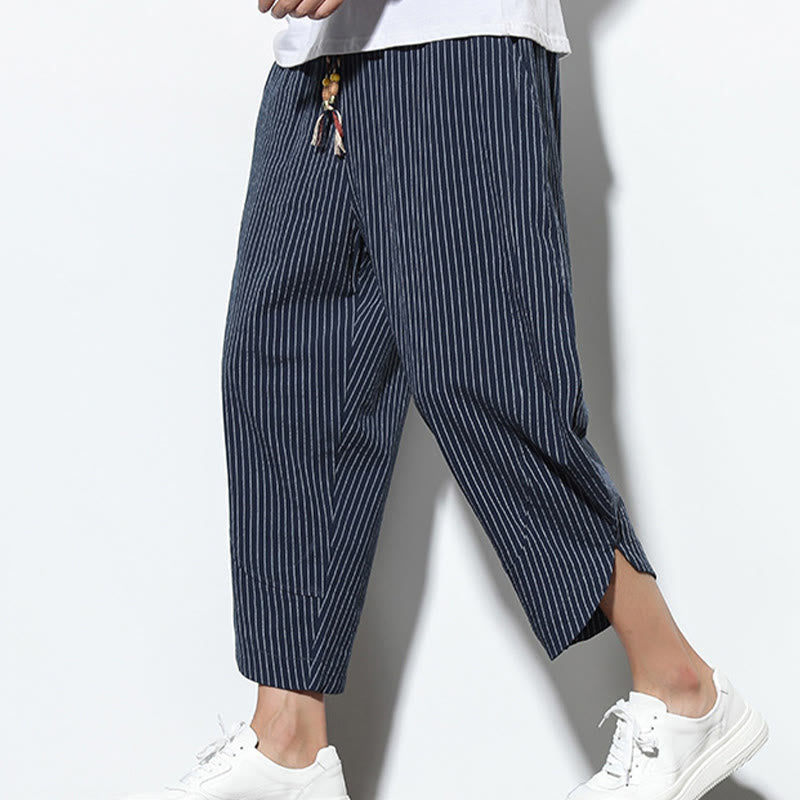 Pantalon Buddha Stones d'été à rayures et cordon de serrage en coton et lin pour homme, longueur 7-8, avec poches - image 33