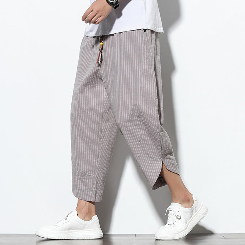 Pantalon Buddha Stones d'été à rayures et cordon de serrage en coton et lin pour homme, longueur 7-8, avec poches - Gris foncé - US/UK/AU46，EU56 (5XL) - image 22