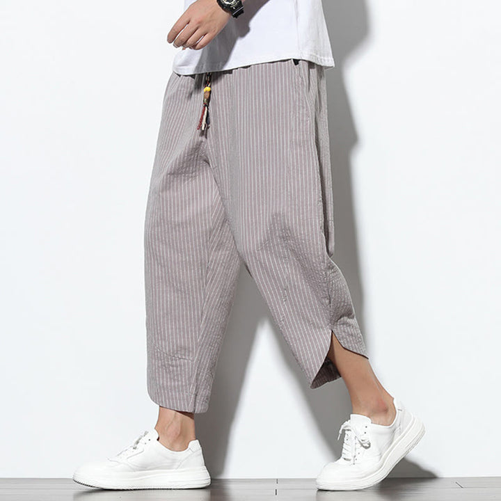 Pantalon Buddha Stones d'été à rayures et cordon de serrage en coton et lin pour homme, longueur 7-8, avec poches - Gris foncé - US/UK/AU46，EU56 (5XL) - image 22