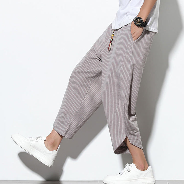 Pantalon Buddha Stones d'été à rayures et cordon de serrage en coton et lin pour homme, longueur 7-8, avec poches - image 30