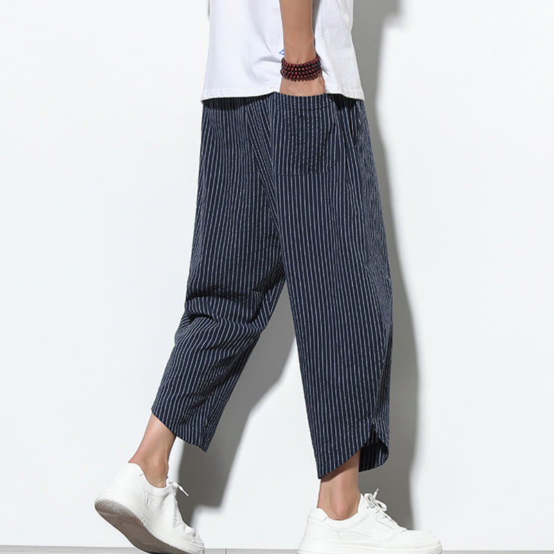 Pantalon Buddha Stones d'été à rayures et cordon de serrage en coton et lin pour homme, longueur 7-8, avec poches - image 37