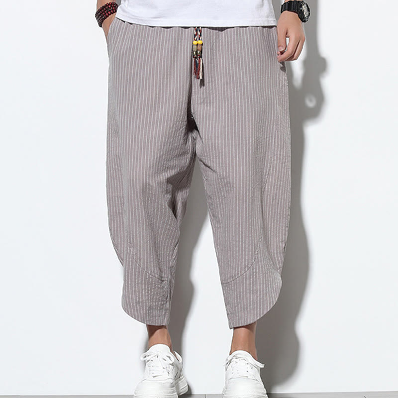 Pantalon Buddha Stones d'été à rayures et cordon de serrage en coton et lin pour homme, longueur 7-8, avec poches - image 24