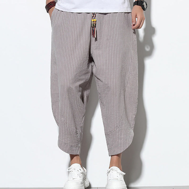 Pantalon Buddha Stones d'été à rayures et cordon de serrage en coton et lin pour homme, longueur 7-8, avec poches - image 24
