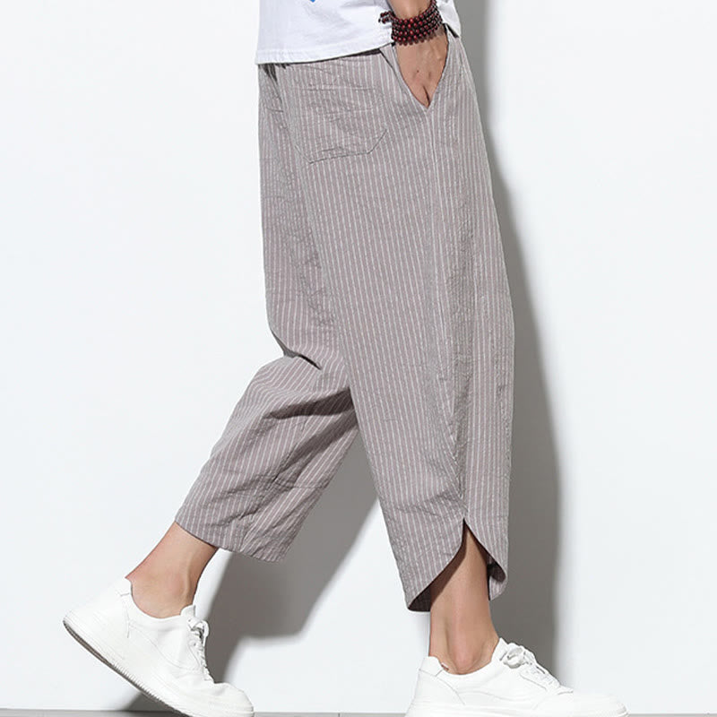 Pantalon Buddha Stones d'été à rayures et cordon de serrage en coton et lin pour homme, longueur 7-8, avec poches - image 29