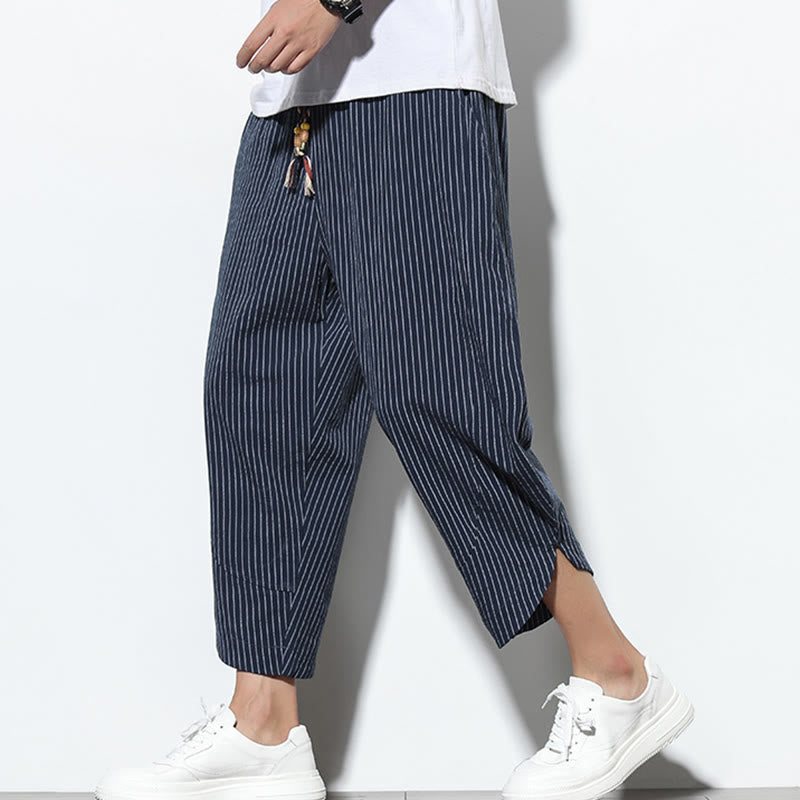Pantalon Buddha Stones d'été à rayures et cordon de serrage en coton et lin pour homme, longueur 7-8, avec poches - Bleu nuit - US/UK/AU46，EU56 (5XL) - image 31