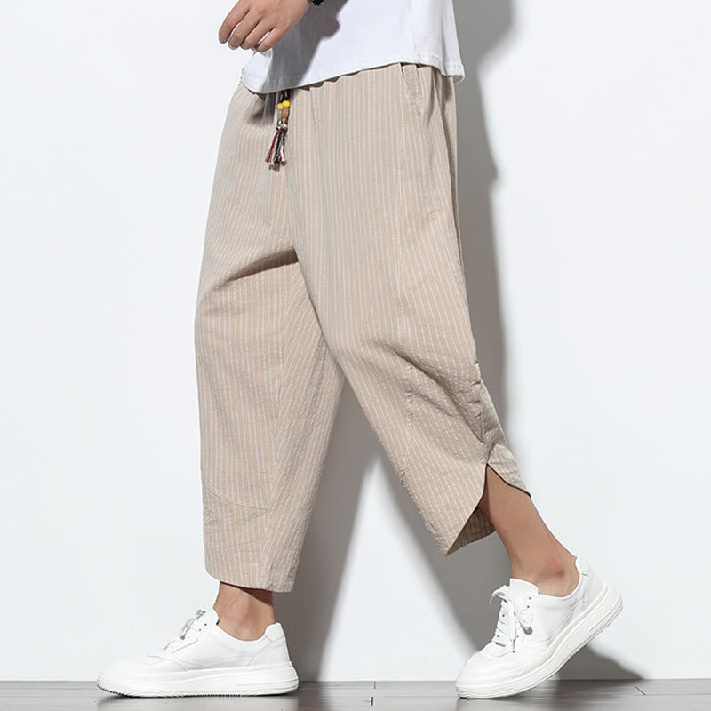 Pantalon Buddha Stones d'été à rayures et cordon de serrage en coton et lin pour homme, longueur 7-8, avec poches - image 3
