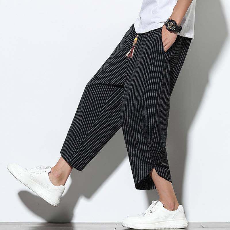 Pantalon Buddha Stones d'été à rayures et cordon de serrage en coton et lin pour homme, longueur 7-8, avec poches - image 16