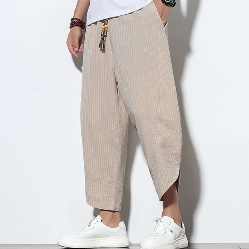 Pantalon Buddha Stones d'été à rayures et cordon de serrage en coton et lin pour homme, longueur 7-8, avec poches - image 6