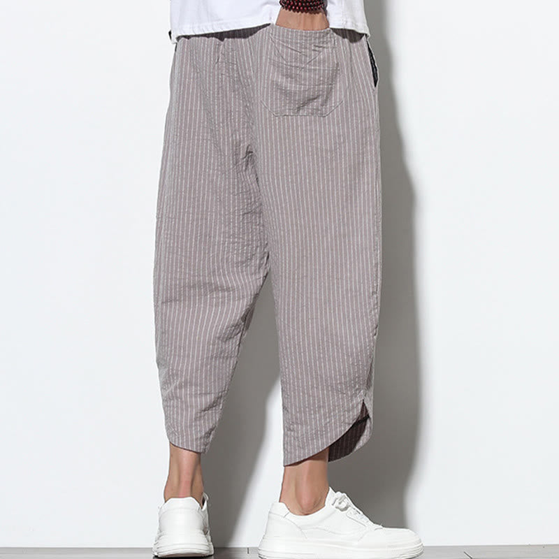 Pantalon Buddha Stones d'été à rayures et cordon de serrage en coton et lin pour homme, longueur 7-8, avec poches - image 25