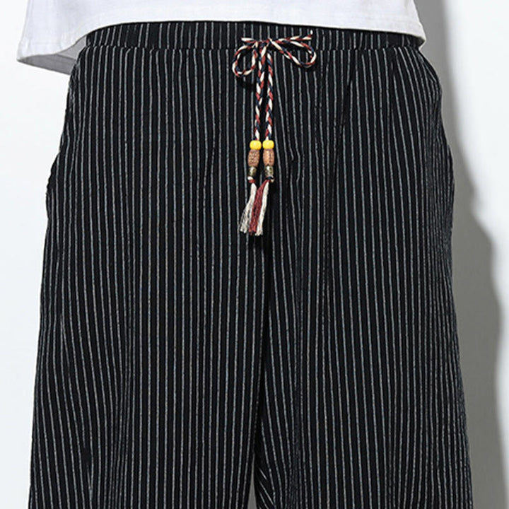 Pantalon Buddha Stones d'été à rayures et cordon de serrage en coton et lin pour homme, longueur 7-8, avec poches - image 18