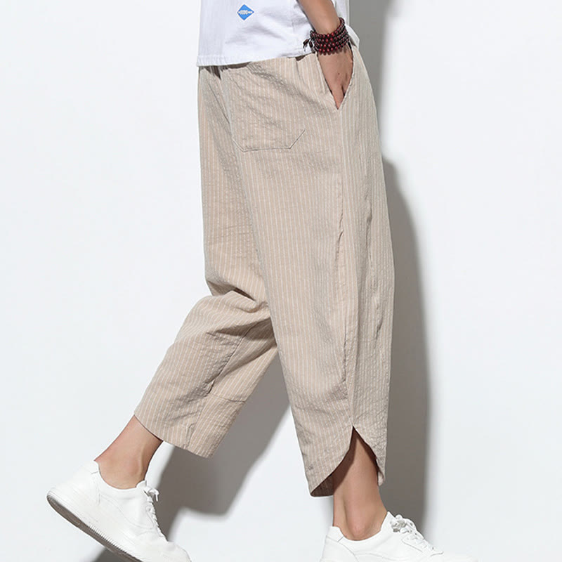 Pantalon Buddha Stones d'été à rayures et cordon de serrage en coton et lin pour homme, longueur 7-8, avec poches - image 2