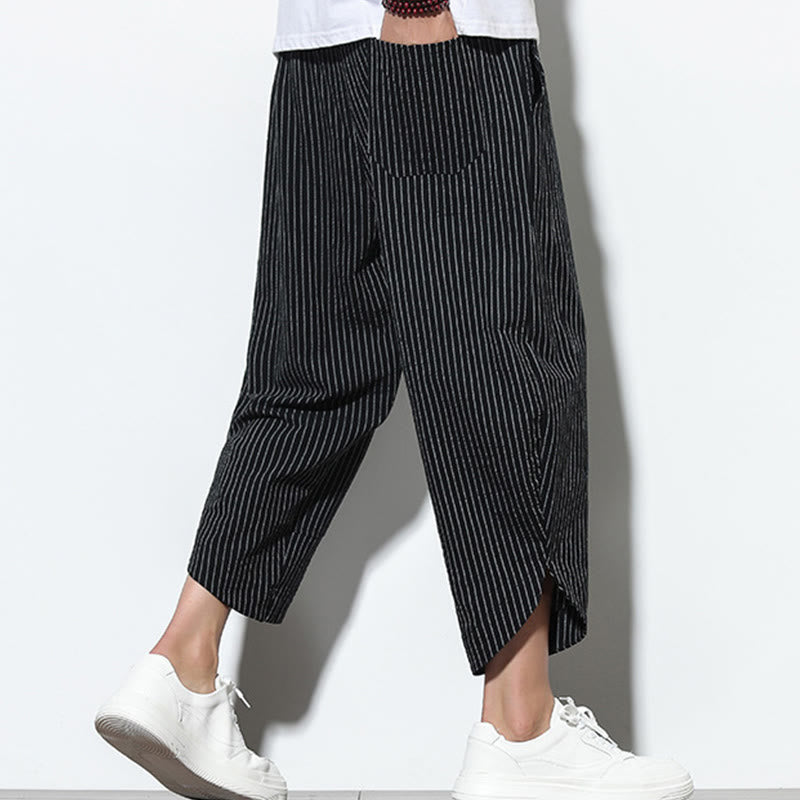 Pantalon Buddha Stones d'été à rayures et cordon de serrage en coton et lin pour homme, longueur 7-8, avec poches - image 11