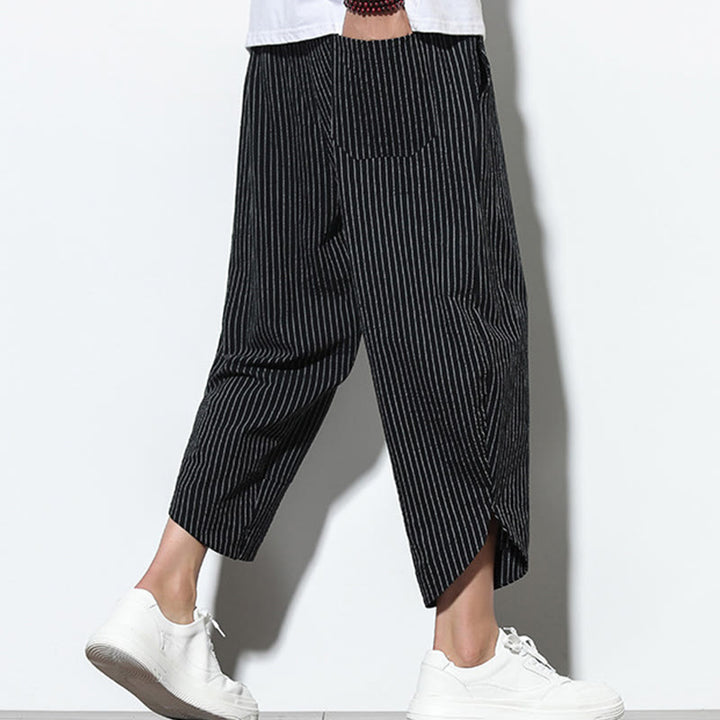 Pantalon Buddha Stones d'été à rayures et cordon de serrage en coton et lin pour homme, longueur 7-8, avec poches - image 11