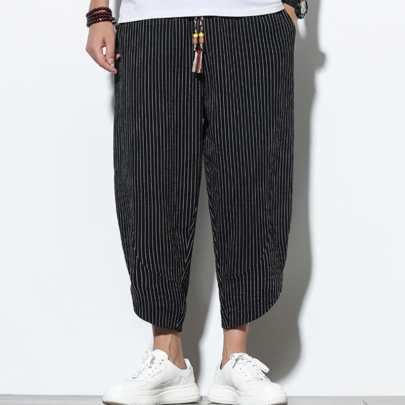 Pantalon Buddha Stones d'été à rayures et cordon de serrage en coton et lin pour homme, longueur 7-8, avec poches - image 17
