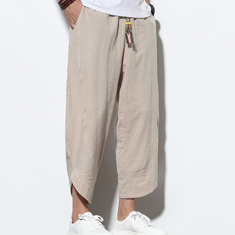 Pantalon Buddha Stones d'été à rayures et cordon de serrage en coton et lin pour homme, longueur 7-8, avec poches - image 5