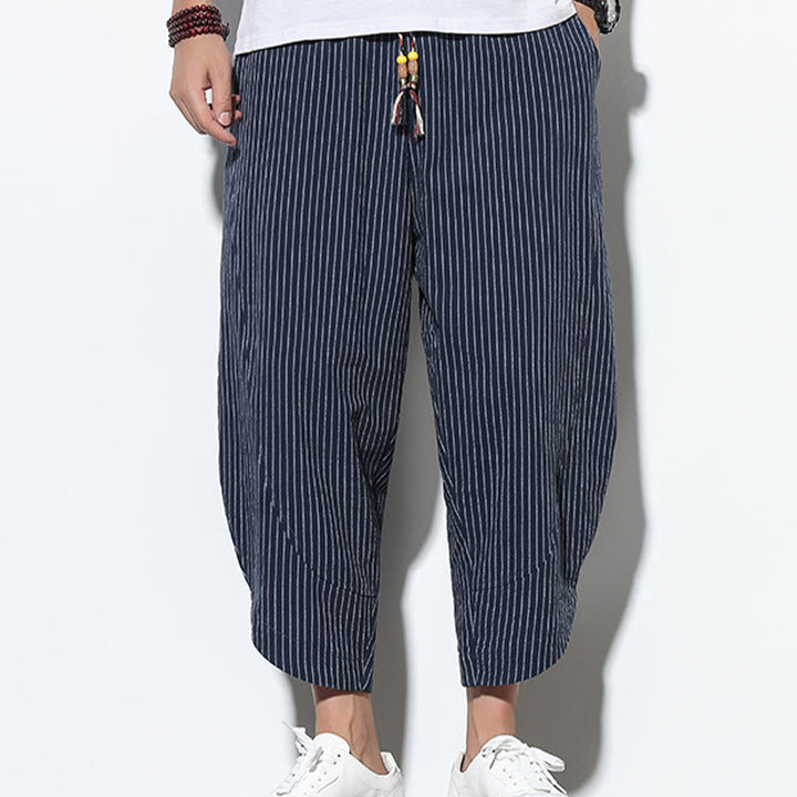 Pantalon Buddha Stones d'été à rayures et cordon de serrage en coton et lin pour homme, longueur 7-8, avec poches - image 39