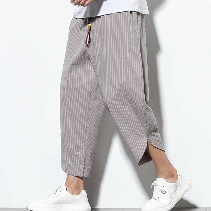Pantalon Buddha Stones d'été à rayures et cordon de serrage en coton et lin pour homme, longueur 7-8, avec poches - image 27