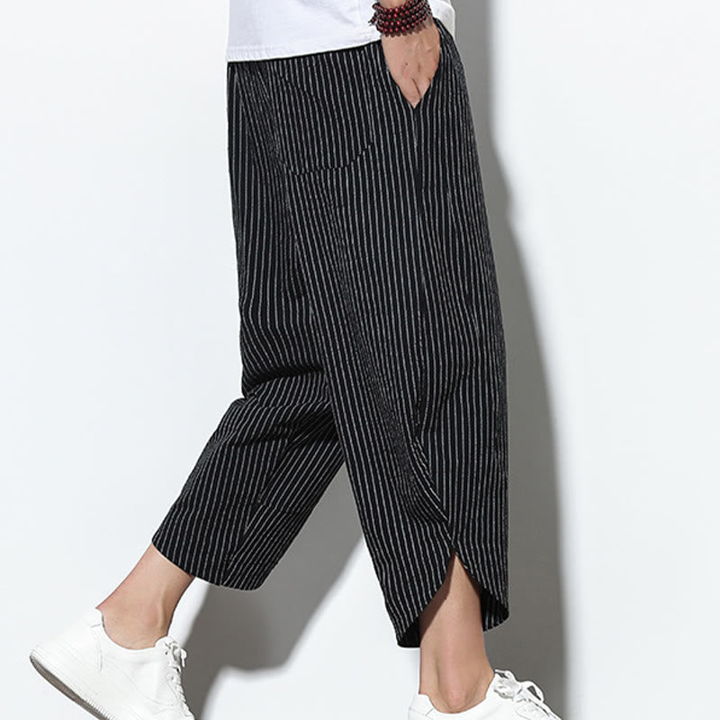 Pantalon Buddha Stones d'été à rayures et cordon de serrage en coton et lin pour homme, longueur 7-8, avec poches - image 15