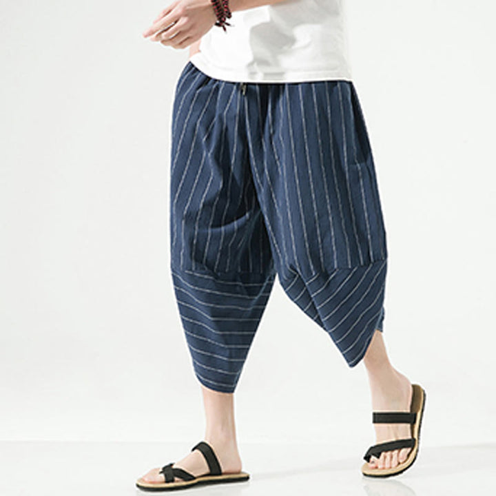 Pantalon Buddha Stones décontracté en coton et lin avec cordon de serrage et rayures unies pour homme, longueur 7-8, avec poches