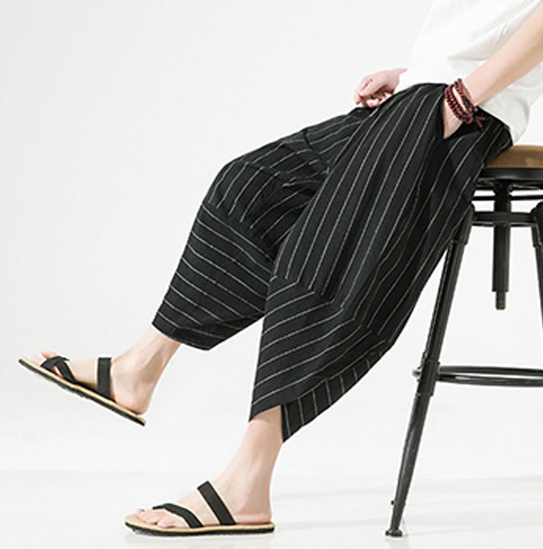 Pantalon Buddha Stones décontracté en coton et lin avec cordon de serrage et rayures unies pour homme, longueur 7-8, avec poches - image 5