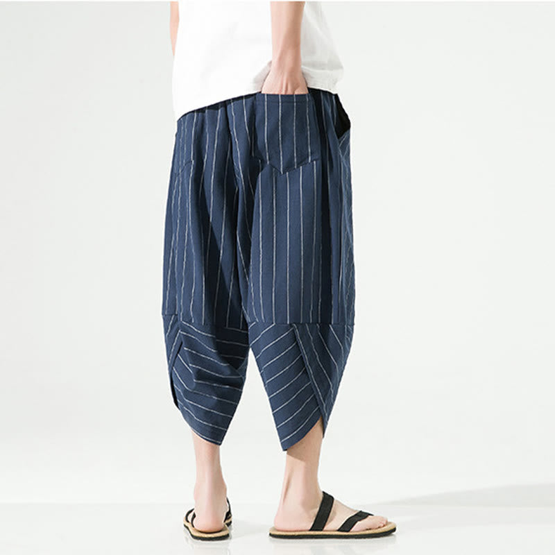 Pantalon Buddha Stones décontracté en coton et lin avec cordon de serrage et rayures unies pour homme, longueur 7-8, avec poches