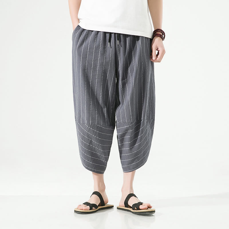 Pantalon Buddha Stones décontracté en coton et lin avec cordon de serrage et rayures unies pour homme, longueur 7-8, avec poches