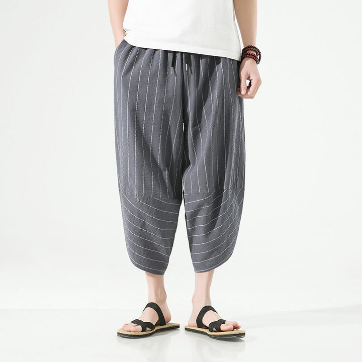 Pantalon Buddha Stones décontracté en coton et lin avec cordon de serrage et rayures unies pour homme, longueur 7-8, avec poches