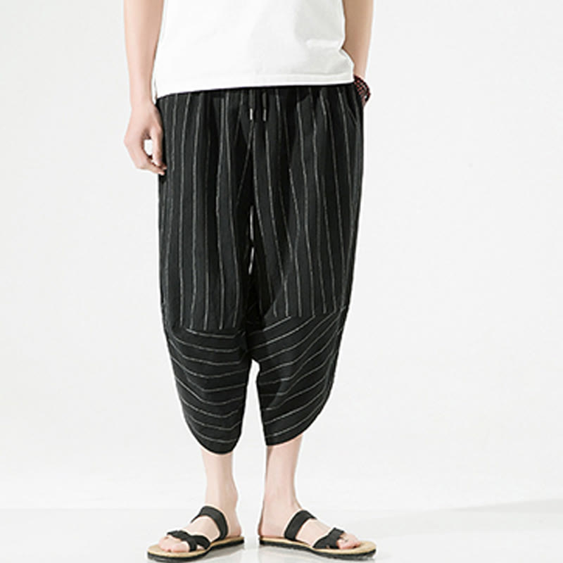 Pantalon Buddha Stones décontracté en coton et lin avec cordon de serrage et rayures unies pour homme, longueur 7-8, avec poches