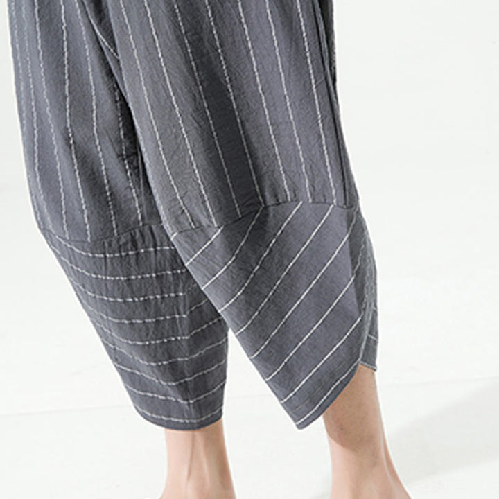 Pantalon Buddha Stones décontracté en coton et lin avec cordon de serrage et rayures unies pour homme, longueur 7-8, avec poches
