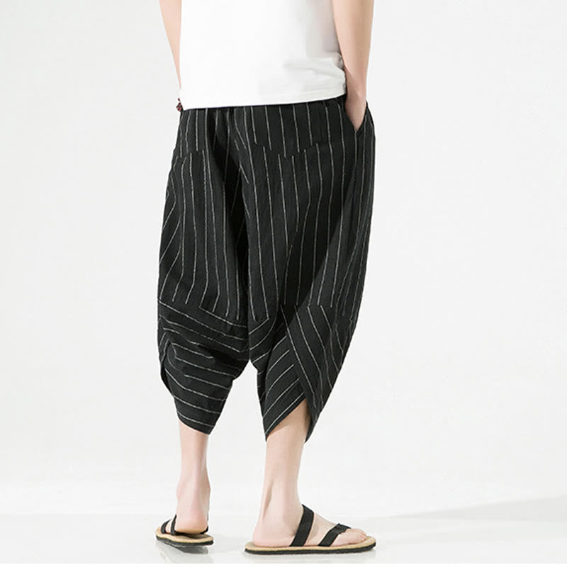 Pantalon Buddha Stones décontracté en coton et lin avec cordon de serrage et rayures unies pour homme, longueur 7-8, avec poches - image 4