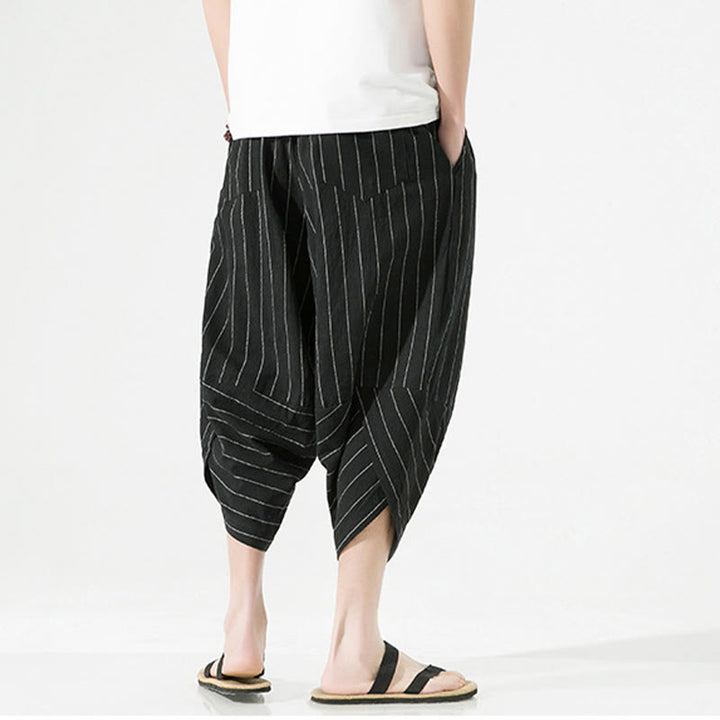 Pantalon Buddha Stones décontracté en coton et lin avec cordon de serrage et rayures unies pour homme, longueur 7-8, avec poches - image 4
