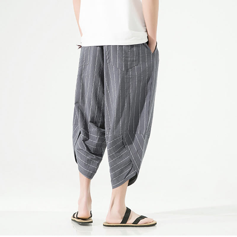 Pantalon Buddha Stones décontracté en coton et lin avec cordon de serrage et rayures unies pour homme, longueur 7-8, avec poches