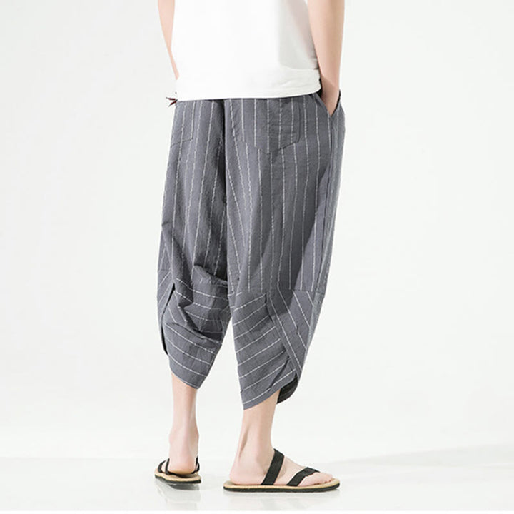 Pantalon Buddha Stones décontracté en coton et lin avec cordon de serrage et rayures unies pour homme, longueur 7-8, avec poches