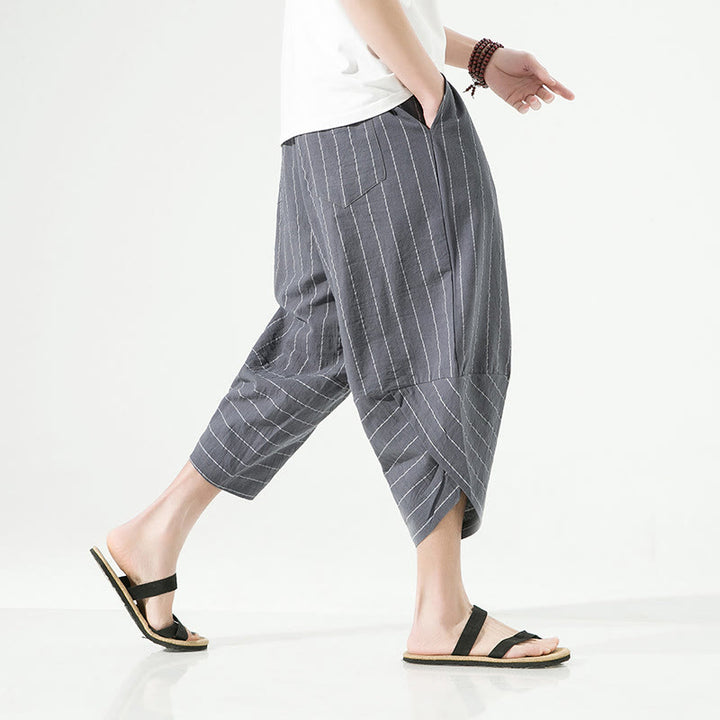 Pantalon Buddha Stones décontracté en coton et lin avec cordon de serrage et rayures unies pour homme, longueur 7-8, avec poches - image 11