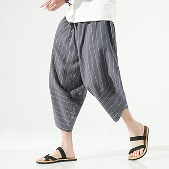 Pantalon Buddha Stones décontracté en coton et lin avec cordon de serrage et rayures unies pour homme, longueur 7-8, avec poches