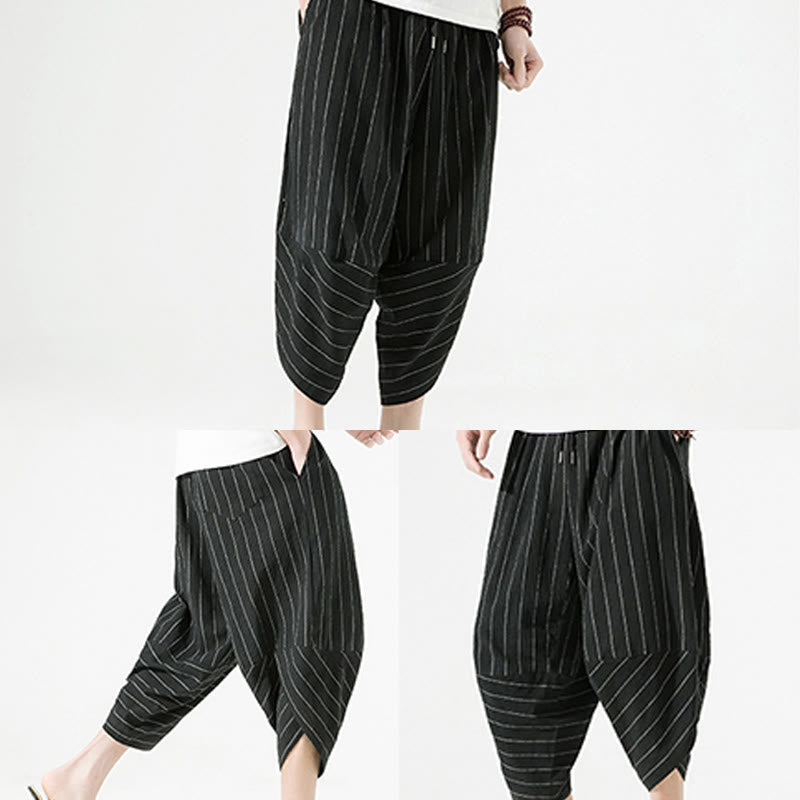 Pantalon Buddha Stones décontracté en coton et lin avec cordon de serrage et rayures unies pour homme, longueur 7-8, avec poches