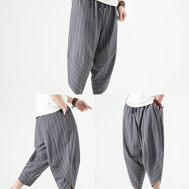 Pantalon Buddha Stones décontracté en coton et lin avec cordon de serrage et rayures unies pour homme, longueur 7-8, avec poches