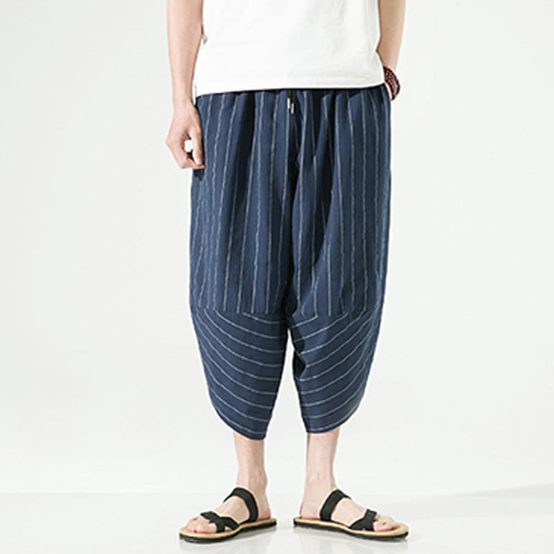 Pantalon Buddha Stones décontracté en coton et lin avec cordon de serrage et rayures unies pour homme, longueur 7-8, avec poches