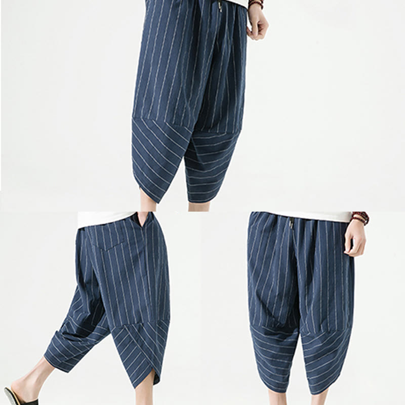 Pantalon Buddha Stones décontracté en coton et lin avec cordon de serrage et rayures unies pour homme, longueur 7-8, avec poches - image 26