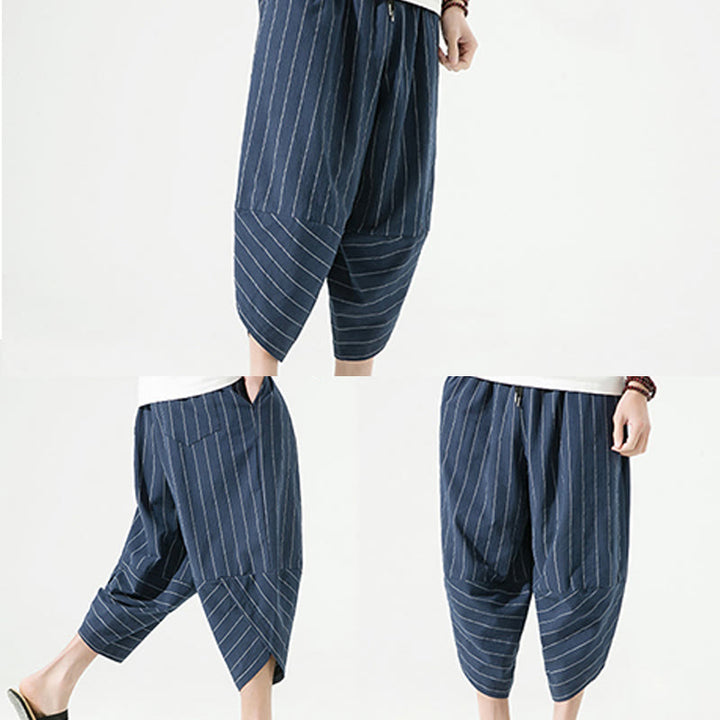 Pantalon Buddha Stones décontracté en coton et lin avec cordon de serrage et rayures unies pour homme, longueur 7-8, avec poches - image 26