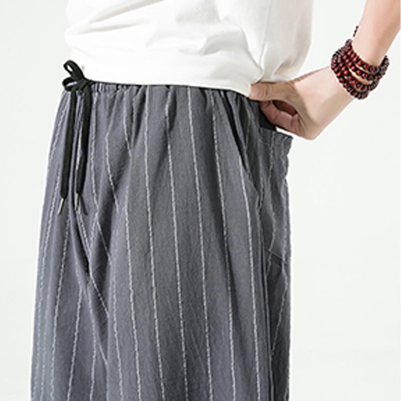 Pantalon Buddha Stones décontracté en coton et lin avec cordon de serrage et rayures unies pour homme, longueur 7-8, avec poches - image 15