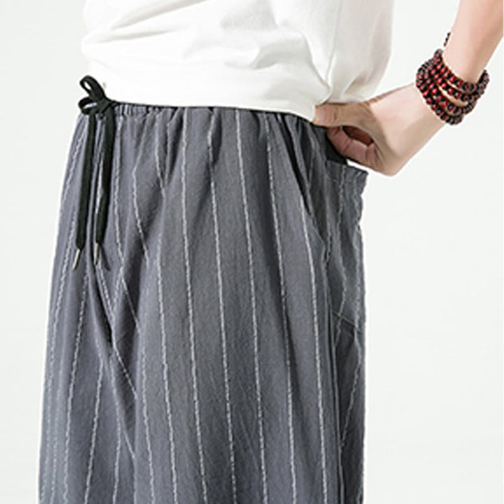 Pantalon Buddha Stones décontracté en coton et lin avec cordon de serrage et rayures unies pour homme, longueur 7-8, avec poches - image 15